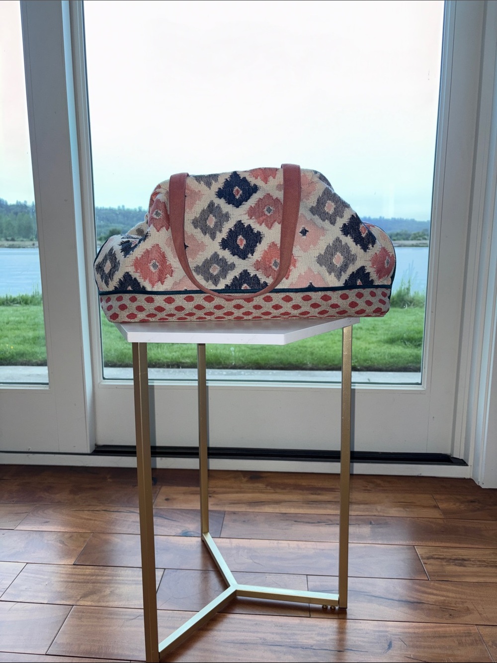 Patterned Coral and Navy Travel Duffel Bag